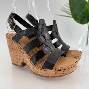 Born Bernese Womens Sandal Size 9 Black Leather Wedge Heel Open Toe Retro Caged